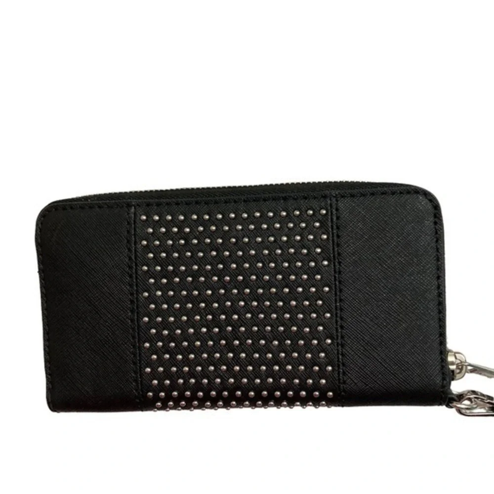 Michael Kira black saffiano leather wristlet clutch zipper wallet micro studs